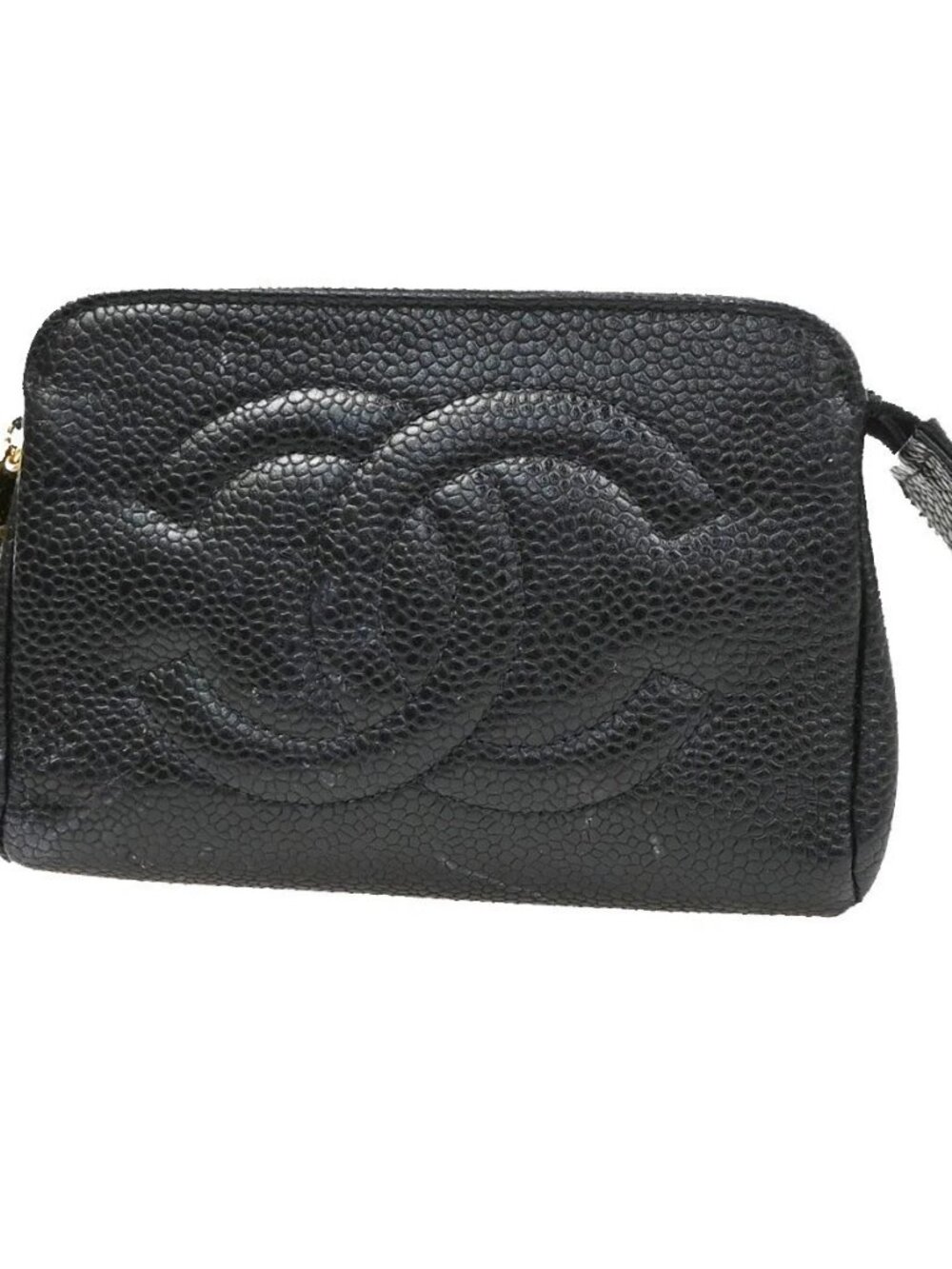 CHANEL CC Logo Mini Pouch Bag Canvas Grained Calfskin Leather Black GHW 34KD740